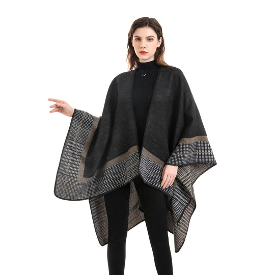 Damen Wollmix-Poncho im asymmetrischen Zipfelschnitt mit eingewebter Karobordüre Shop Nory