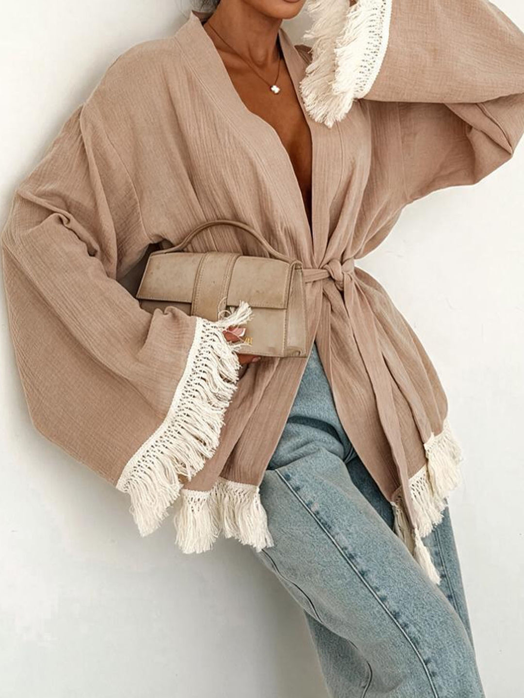 Damen Fransen-Kimono-Jacke aus Leinenoptik mit Taillengürtel Shop Nory
