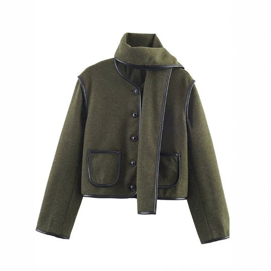 Damen Kurzjacke im Boxy-Cut aus Wollmix mit integriertem Schlitzschal und Lederpaspeln Shop Nory