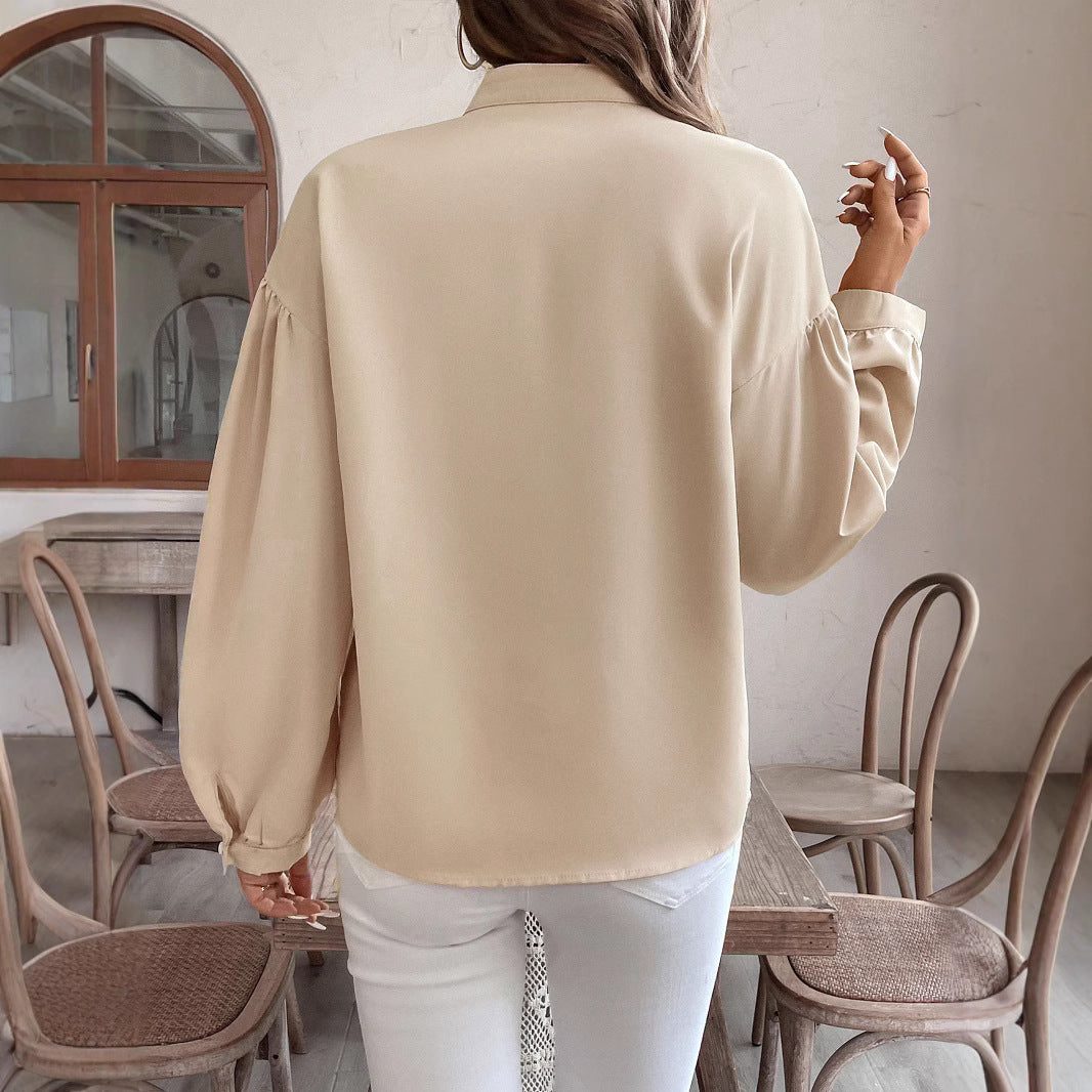 Damen Bluse mit Stehkragen, bestickter V‑Passe und ballonärmeln Shop Nory