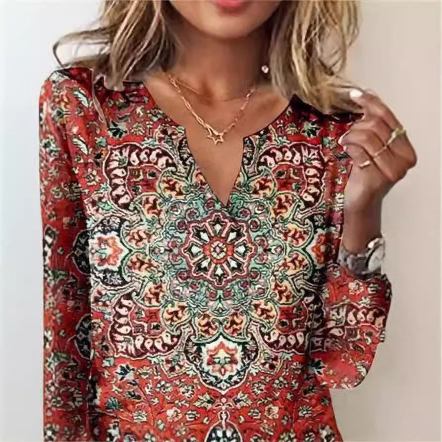 Damen Langarm-Bluse mit ornamentalem Mandala-Print und V-Ausschnitt Shop Nory