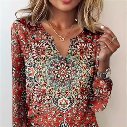 Damen Langarm-Bluse mit ornamentalem Mandala-Print und V-Ausschnitt Shop Nory
