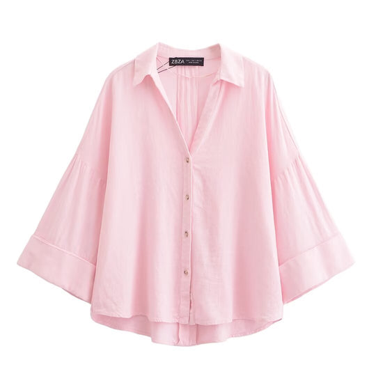 Damen nan lockere oversized Hemdbluse mit weitem Kragen und Dreiviertelärmeln Shop Nory
