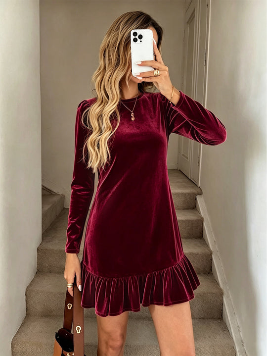 Damen Samt-Minikleid mit langen Ärmeln gerafftem Volantsaum und Puffschultern Shop Nory