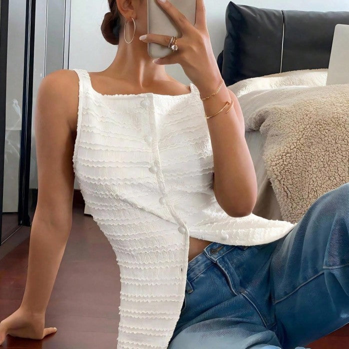 Damen Ärmelloses Struktur-Top mit Zierknopfleiste und Vorder‑Schlitz Shop Nory