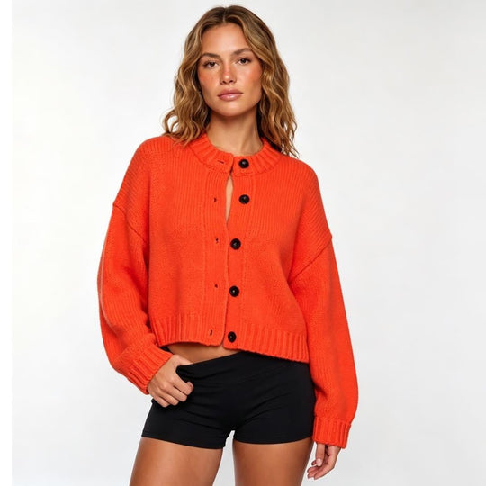 Damen Grobstrick Cropped Cardigan mit überschnittener Schulter & breiten Rippbündchen Shop Nory
