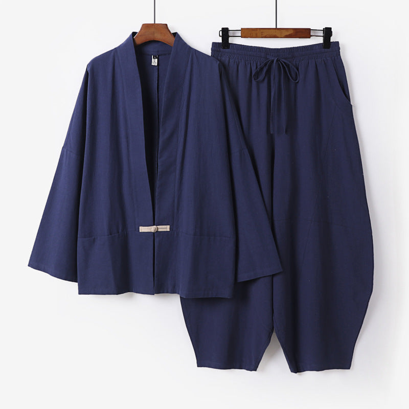 Herren Kimono-Loungewear-Set mit kurzem Schalkragen und weiten Harem-Bundhosen Shop Nory