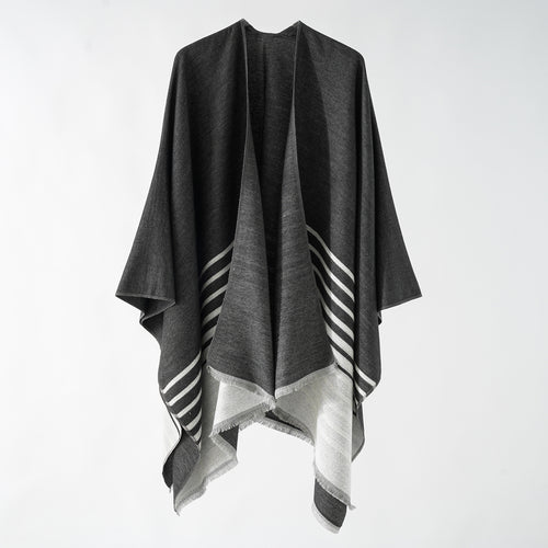 Damen Oversize-Umhangponcho im kastigen Fall mit diagonalem Streifenpanel und feinfransigem Saum Shop Nory