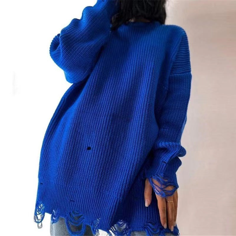 Damen Oversize Grobstrick-Minikleid mit Destroy-Effekt und Rundhalsausschnitt Shop Nory