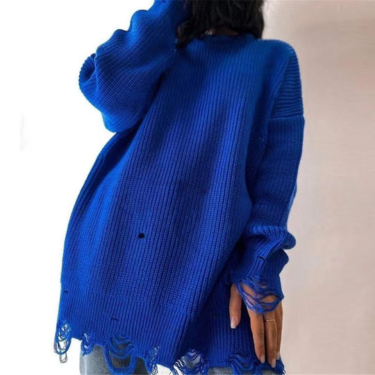 Damen Oversize Grobstrick-Minikleid mit Destroy-Effekt und Rundhalsausschnitt Shop Nory