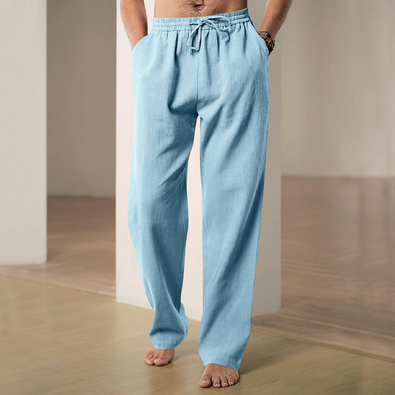 Herren nan lockere Leinen-Baumwoll-Freizeithose mit elastischem Bund und Kordelzug