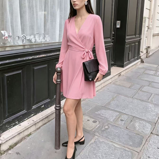 Damen Elegantes Wickel-Minikleid mit tiefem V-Ausschnitt und langen Ärmeln Shop Nory