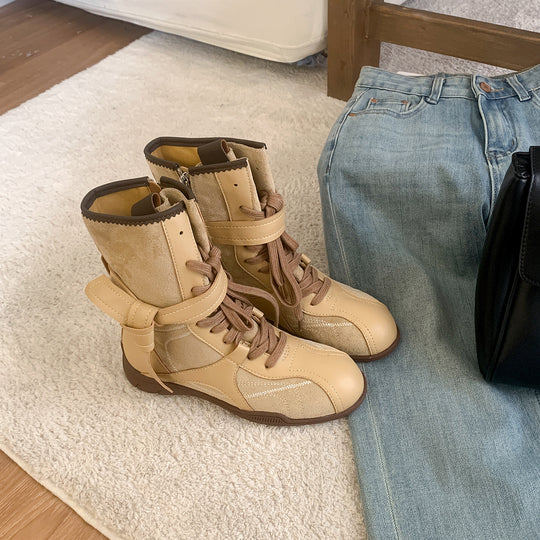 Damen Knöchelhohe Schnür‑Bikerstiefelette aus Glatt‑ und Veloursleder mit dekorativem Ziergurt Shop Nory