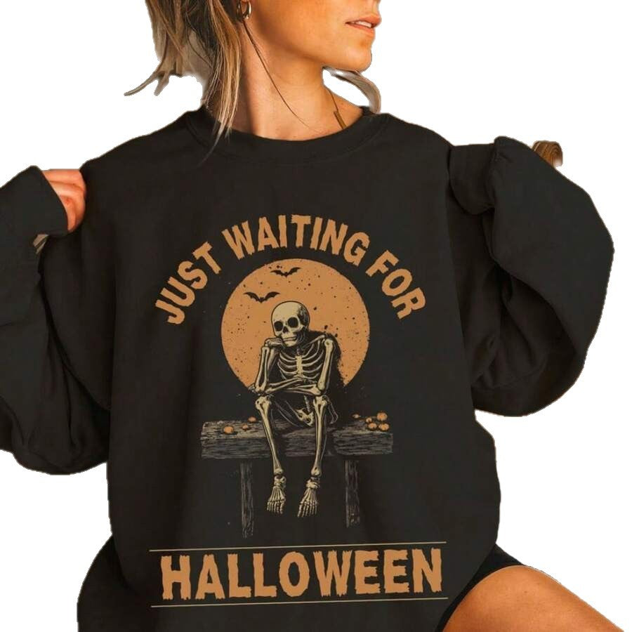 Damen nan Oversize-Sweatkleid mit Halloween-Skelettprint, weichem Baumwollmix und geripptem Rundhalsausschnitt Shop Nory