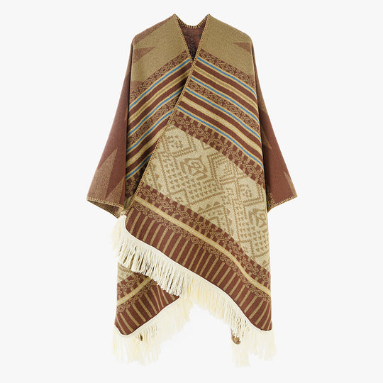 Damen Ethno-Jacquard Cape aus Wollmix mit asymmetrischem Saum, V-Ausschnitt und Fransen Shop Nory