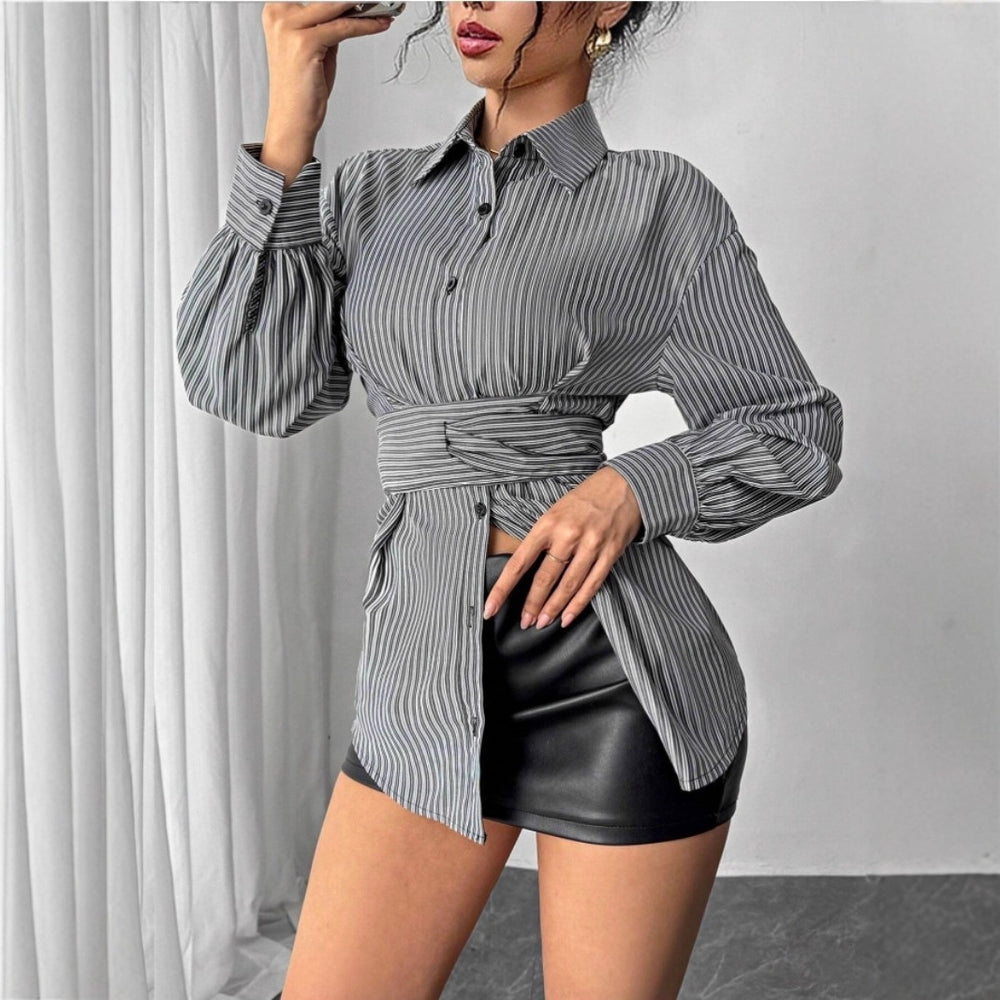 Damen Modische gestreifte Hemdbluse mit Taillenbindung Shop Nory