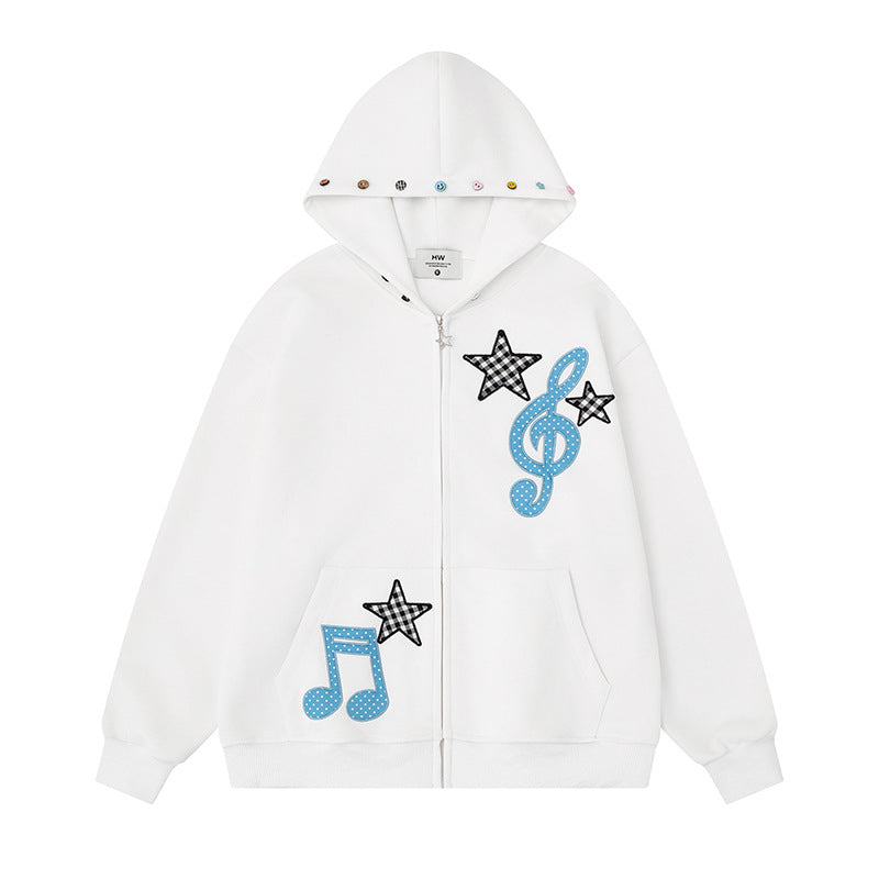 Damen Kapuzen‑Sweatjacke mit kreativen Musik‑Applikationen, Karo‑Sternen und Zipper‑Charm Shop Nory