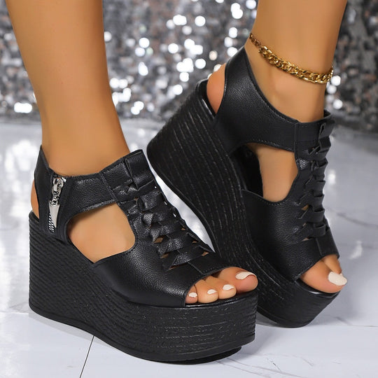Damen Plateau-Sandalen mit elastischen Schnürungen und Reißverschluss