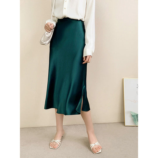 Damen Luxuriöser Satin Midirock mit hohem Schlitz Shop Nory