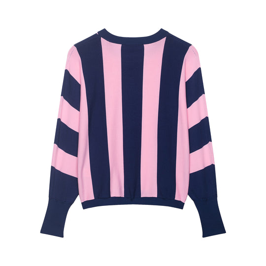 Damen Oversized Strickpullover mit breiten Streifen, Rundhalsausschnitt und verlängerten Rippärmeln Shop Nory