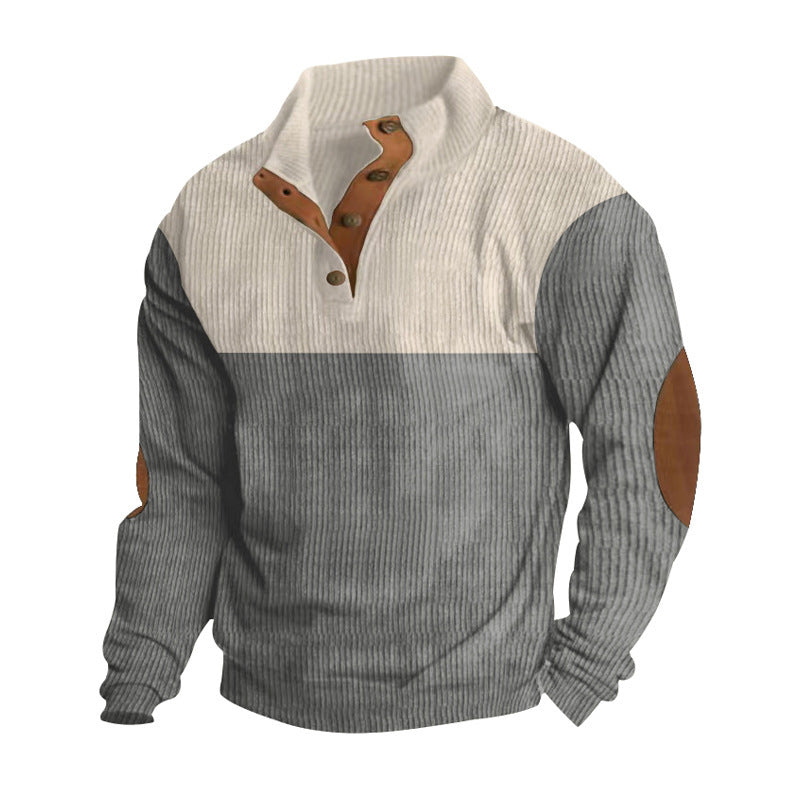 Herren Gerippter Halbkragen‑Henley‑Pullover mit Knopfleiste und Leder‑Ellbogenpatches Shop Nory