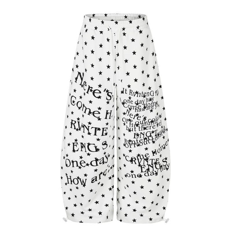 Damen Weite Palazzo-Loungehose mit Sternenallover, Tunnelzugbund und typografischem Print Shop Nory