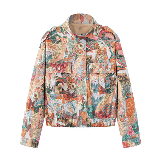 Damen gestickte Bomberjacke mit Vogelmotiven und aufgesetzten Taschen Shop Nory