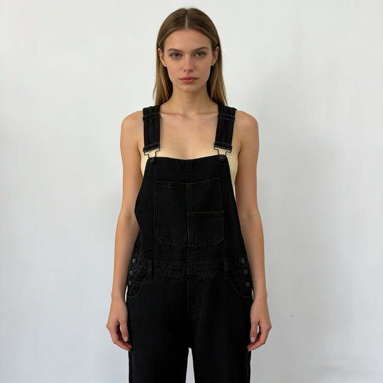 Damen Jeans Latzhose mit weitem Bein und tiefem Rückenausschnitt