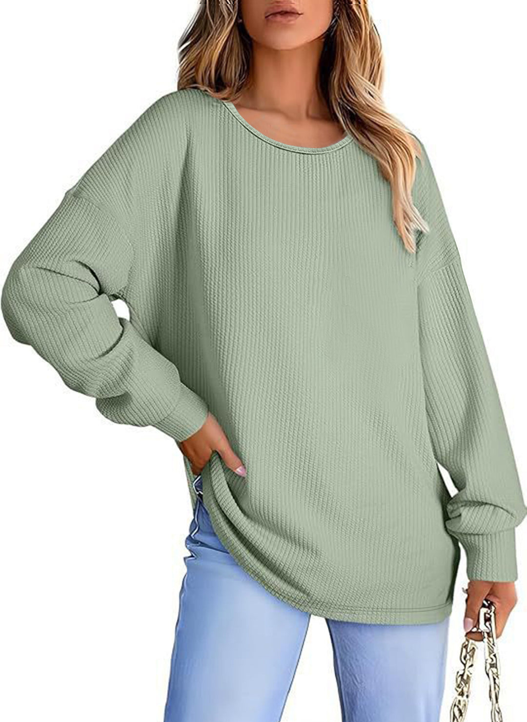 Damen Oversize Waffelstrickpullover mit Rundhals, Ballonärmeln und verlängertem Saum Shop Nory