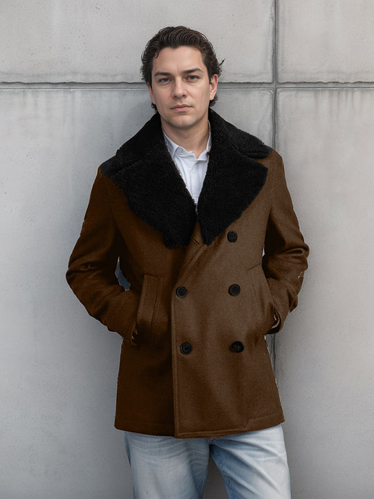 Herren Doppelreihiger Kurzmantel aus Wollmix mit großem Teddykragen Shop Nory