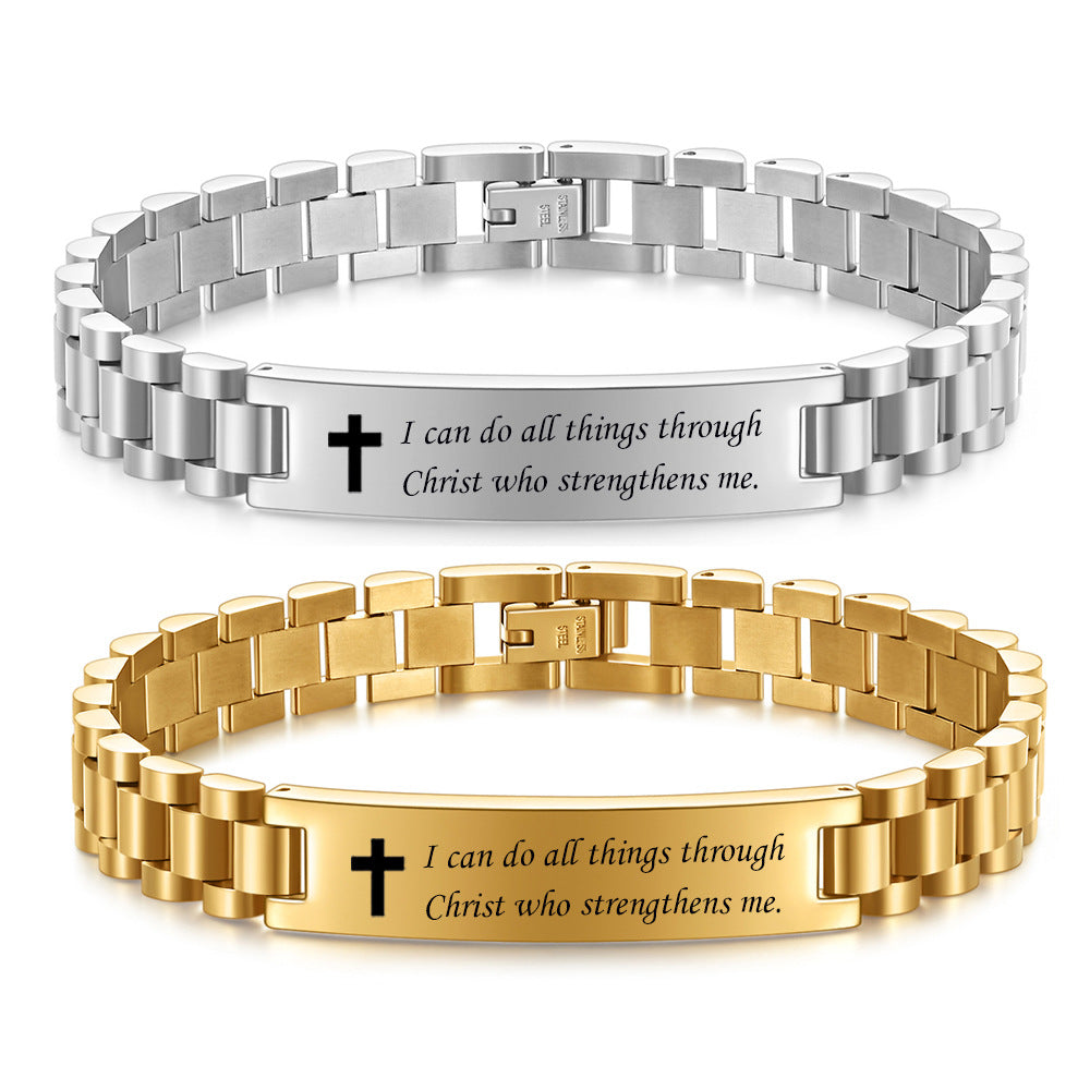 Damen Armband mit gravierbarem Abschieds-Spruch und edlem Kirchen-Kreuz Shop Nory