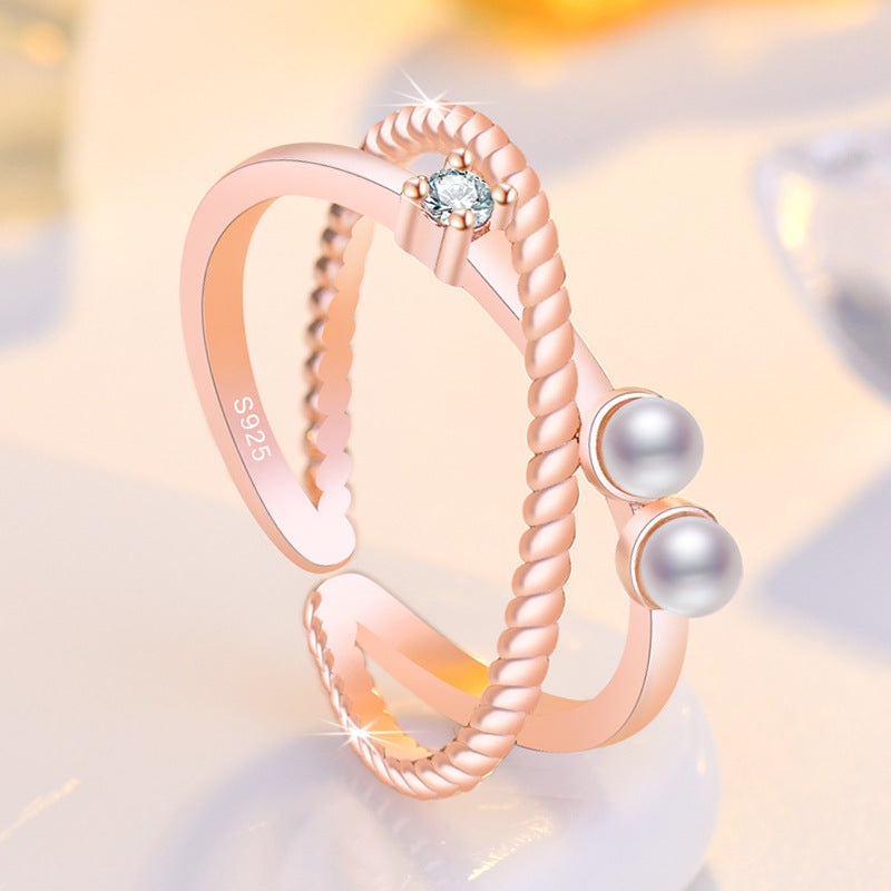 Damen Offener Ring mit doppeltem Perlen-Design und funkelndem Zirkonia Shop Nory