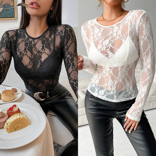 Damen Elegantes Spitzenshirt mit transparentem Design