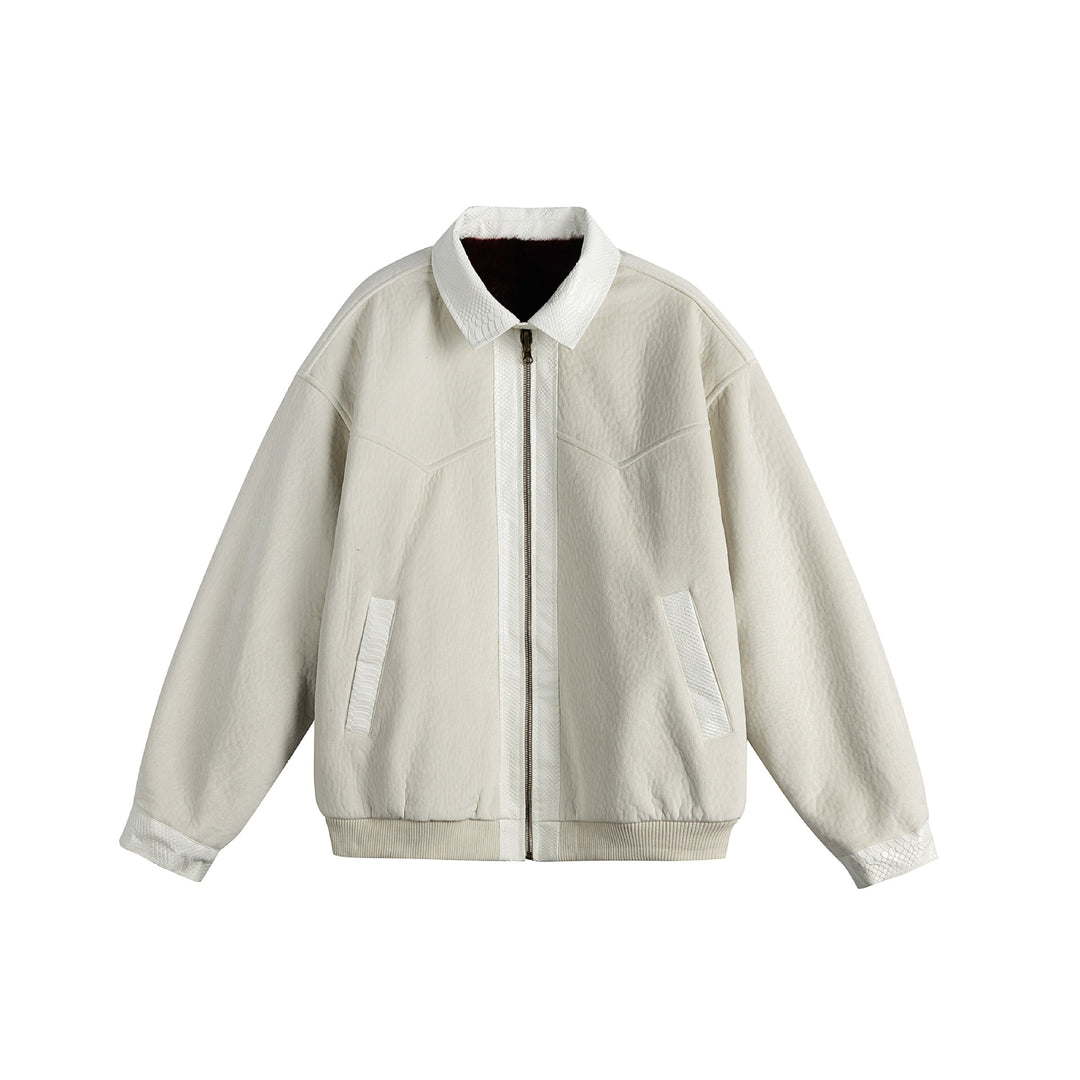 Unisex Oversize Blousonjacke aus Velours‑Suede mit Reptilprägung‑Besatz und wärmender Teddyungfutter Shop Nory