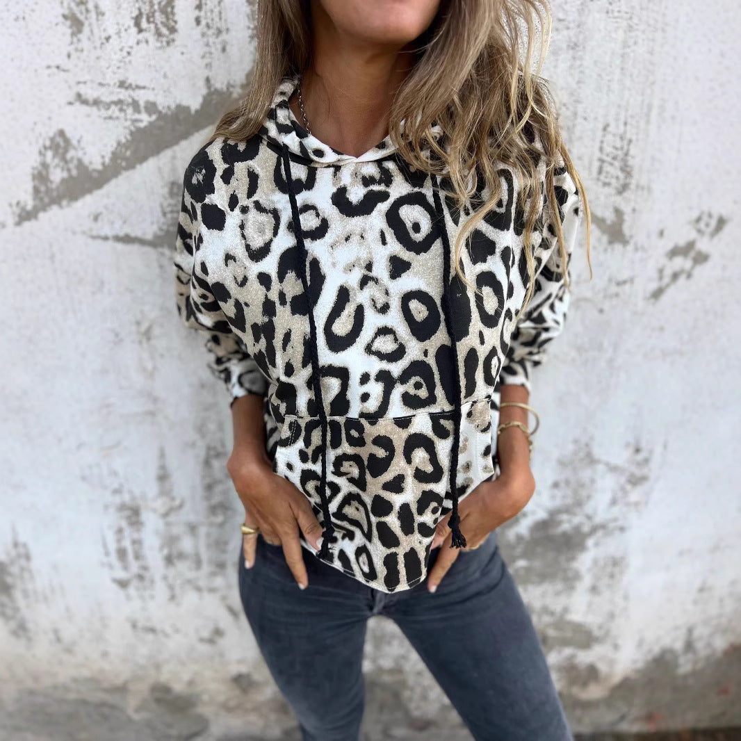 Damen Kapuzenpullover mit lässigem Leopardenmuster und praktischen Seitentaschen