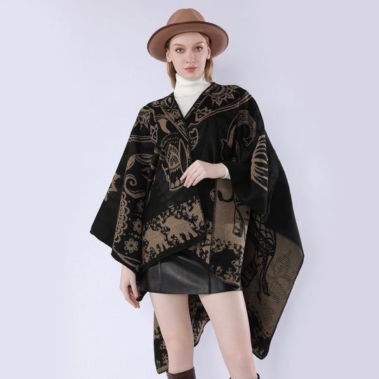 Damen Jacquard-Kimono-Cape aus Wollmix mit ornamentalen Tiermotiven Shop Nory
