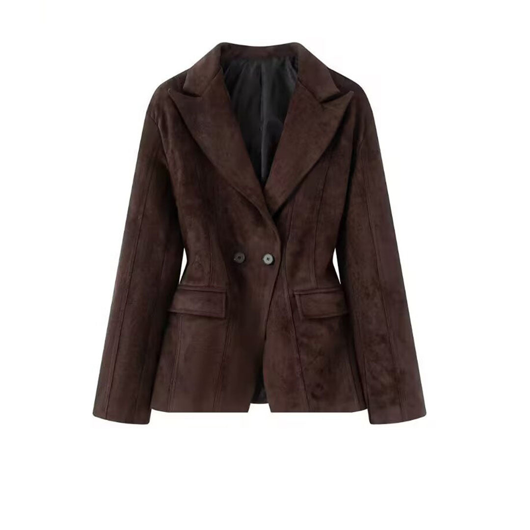 Damen Taillierter Veloursleder-Blazer mit Reverskragen und Pattentaschen Shop Nory