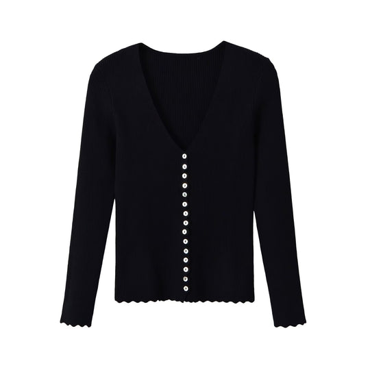 Damen Gerippter Knopfcardigan mit tiefem V-Ausschnitt und Wellensaum Shop Nory