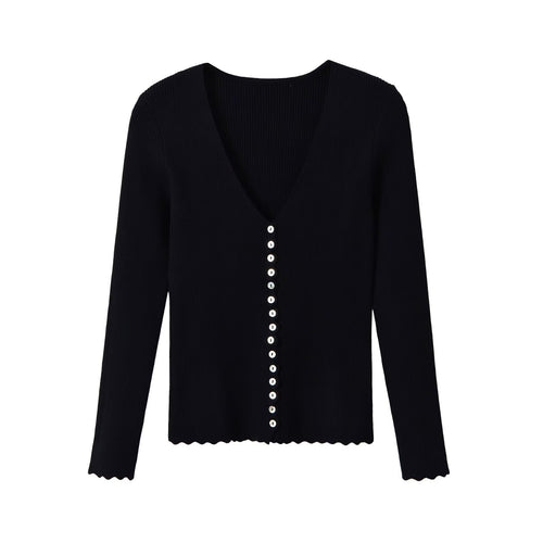 Damen Gerippter Knopfcardigan mit tiefem V-Ausschnitt und Wellensaum Shop Nory