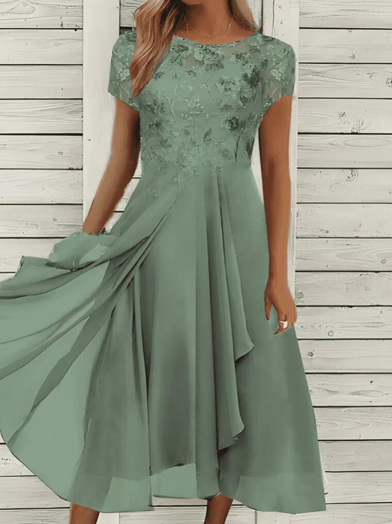 Damen nan elegantes Chiffon-Midikleid mit floraler Spitzenapplikation und fließendem Tellerrock