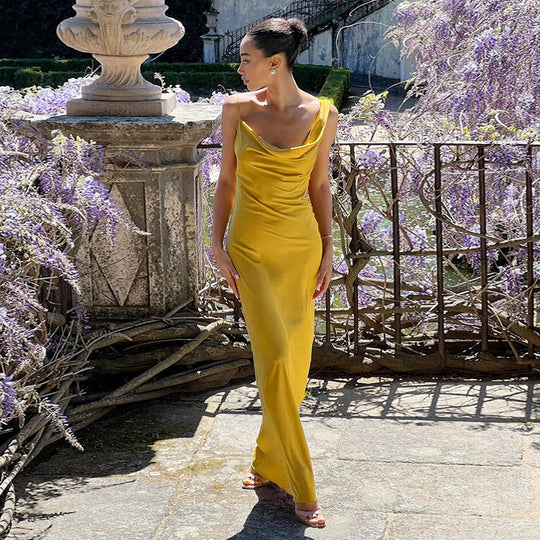 Damen Maxikleid mit schickem Wasserfallausschnitt und fließendem Satin-Stoff