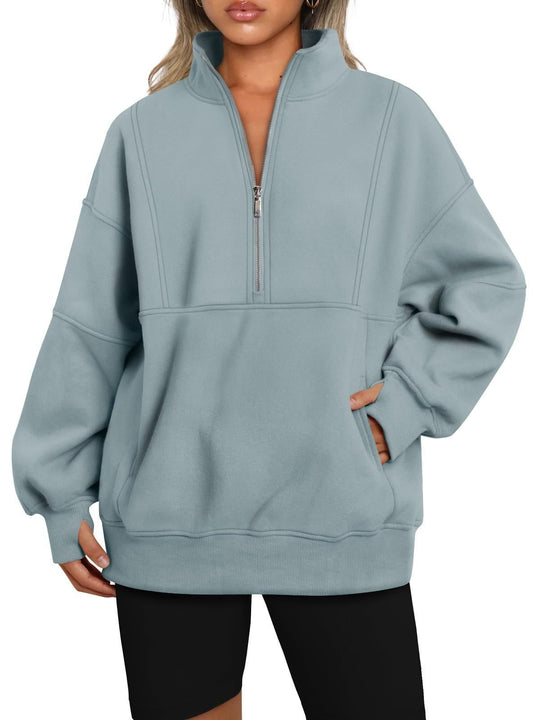 Damen Oversize-Sweatshirt mit halbem Reißverschluss, Stehkragen und Kängurutasche Shop Nory
