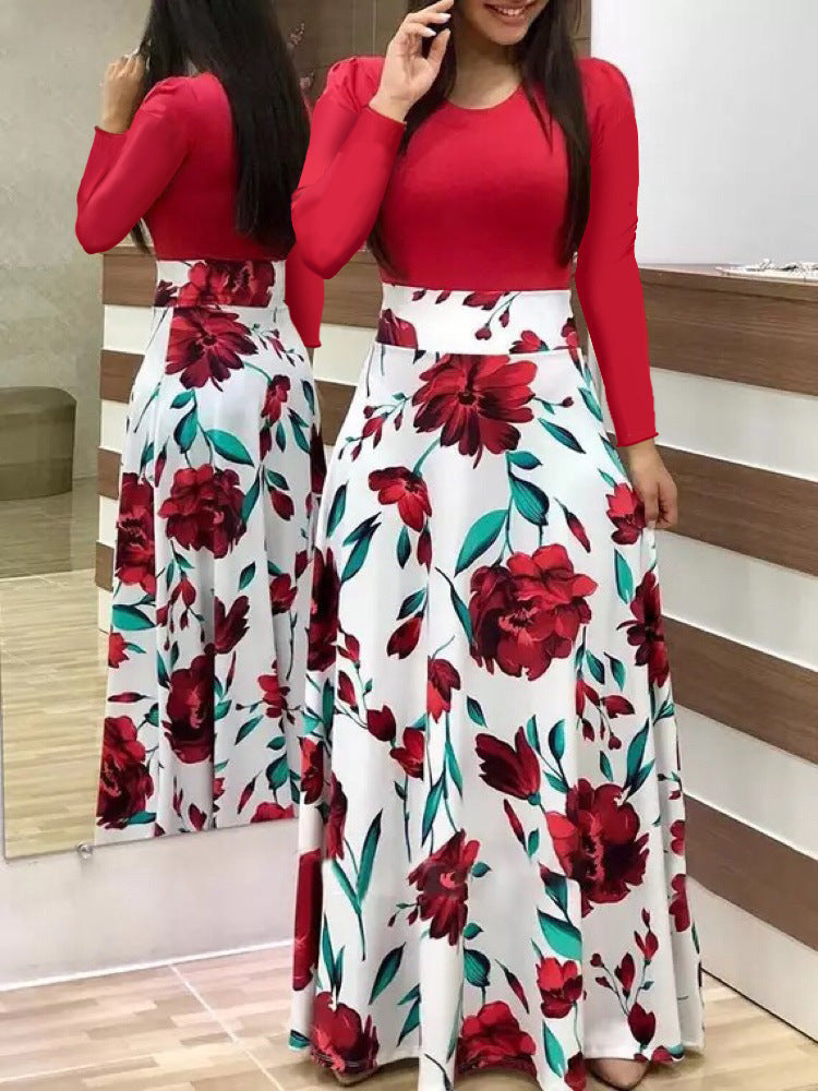 Damen Zweiteilig wirkendes Maxikleid mit figurbetontem Jersey-Oberteil und weitem Blumenrock Shop Nory