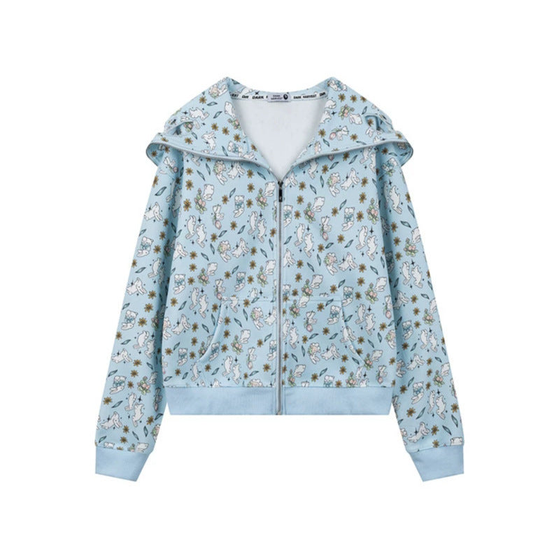 Damen Kapuzen-Sweatjacke mit Reißverschluss und niedlichem Allover-Print Shop Nory