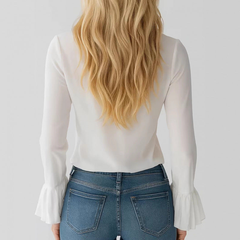 Damen Elegantes Oberteil mit Volants und tiefem V-Ausschnitt