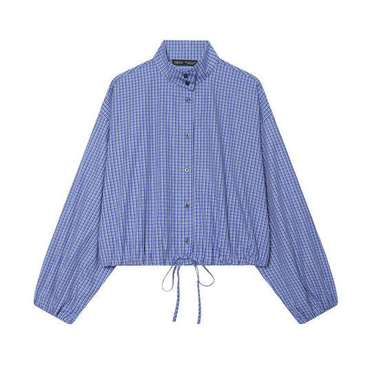 Damen Karo-Cropped-Bluse mit Stehkragen, Ballonärmeln und Tunnelzug Shop Nory