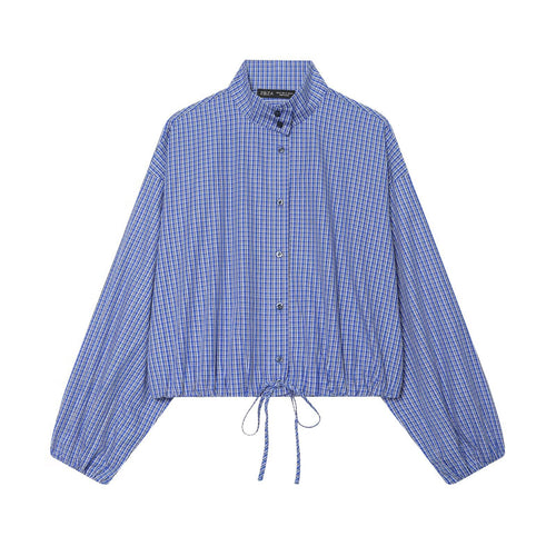 Damen Karo-Cropped-Bluse mit Stehkragen, Ballonärmeln und Tunnelzug Shop Nory