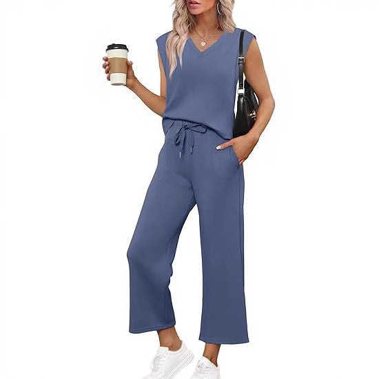 Damen Lässiges Zweiteiliges Lounge-Set mit Ärmellosem V-Neck-Top und Weiten Kordelbund-Hosen Shop Nory