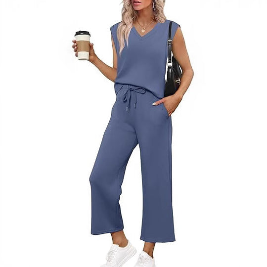 Damen Lässiges Zweiteiliges Lounge-Set mit Ärmellosem V-Neck-Top und Weiten Kordelbund-Hosen Shop Nory