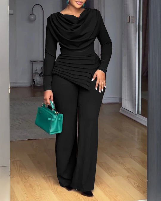 Damen Zweiteiliges Ensemble mit Wasserfall-Drapé-Oberteil, abgestuftem Peplum und gerader Bundfalten-Hose Shop Nory